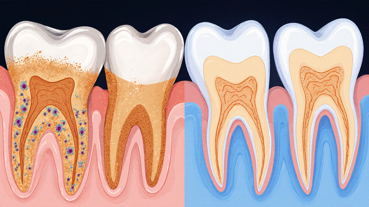Cross-section of tooth root with calculus and bacteria beneath inflamed gums, contrasted with clean surface after cleaning.