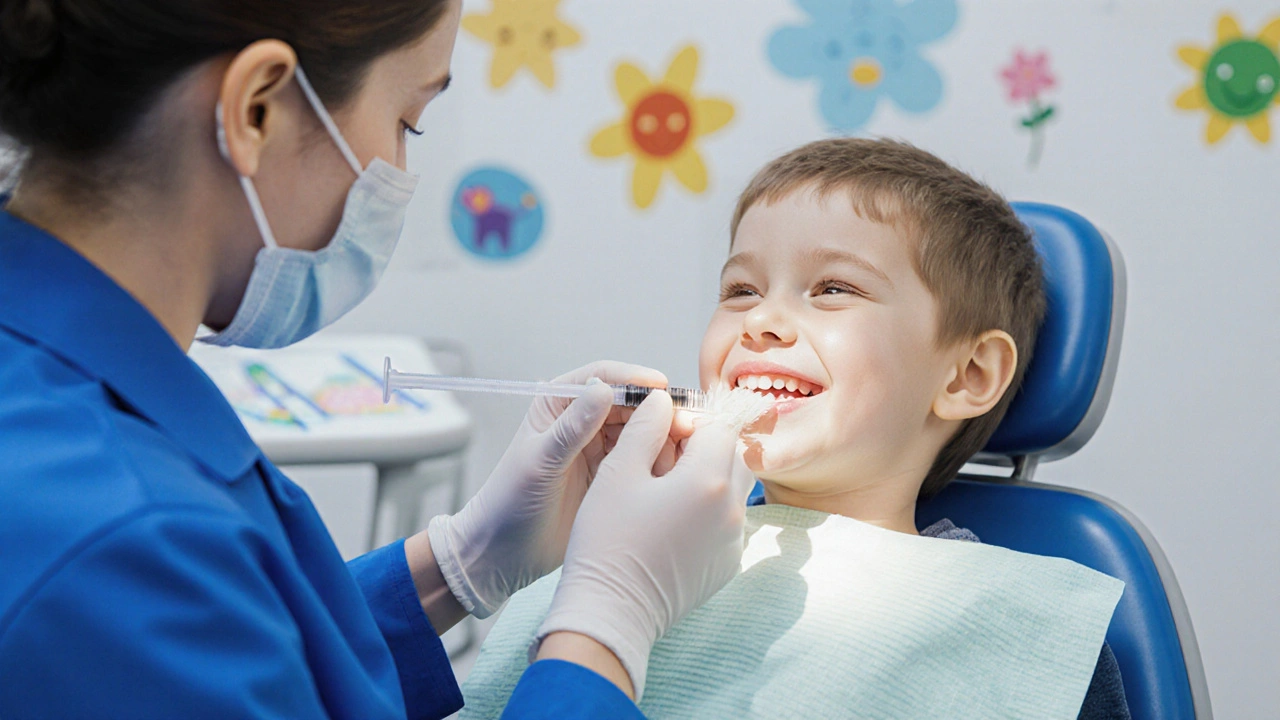 Dentista aplikuje fluorid na dětský zub v ordinaci.