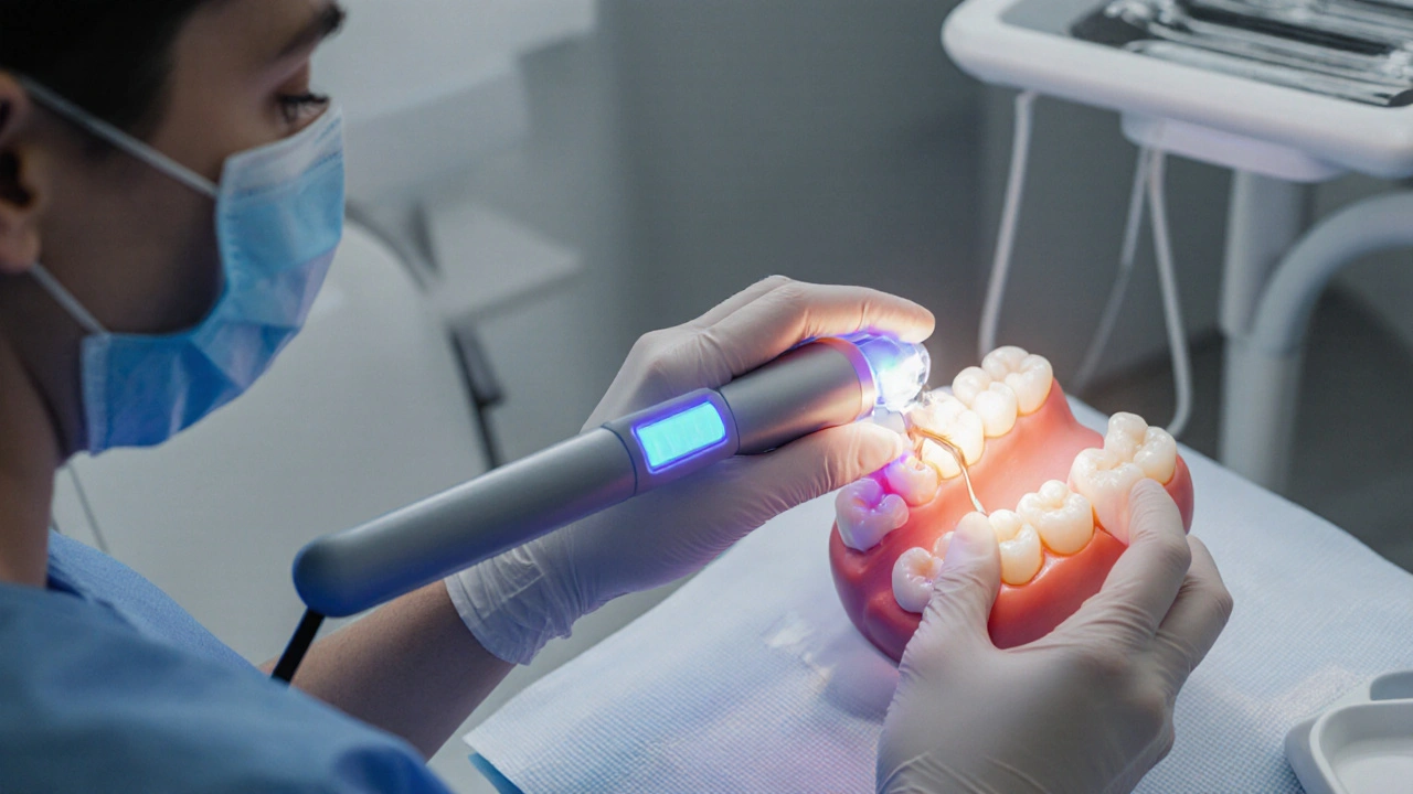 Dentista aplikující LED lampu na zub s kompozitním inlayem, výsledek září.
