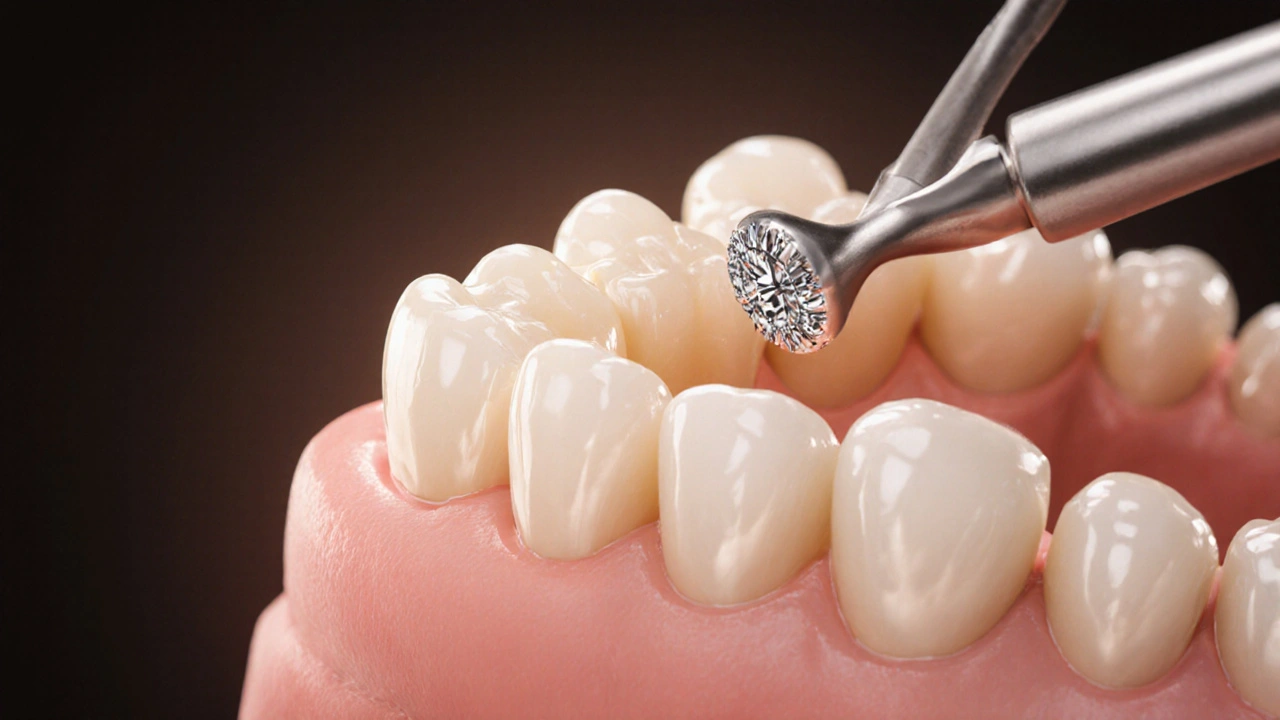 Dentista jemně brousí zubní sklovinku pomocí mikroskopu