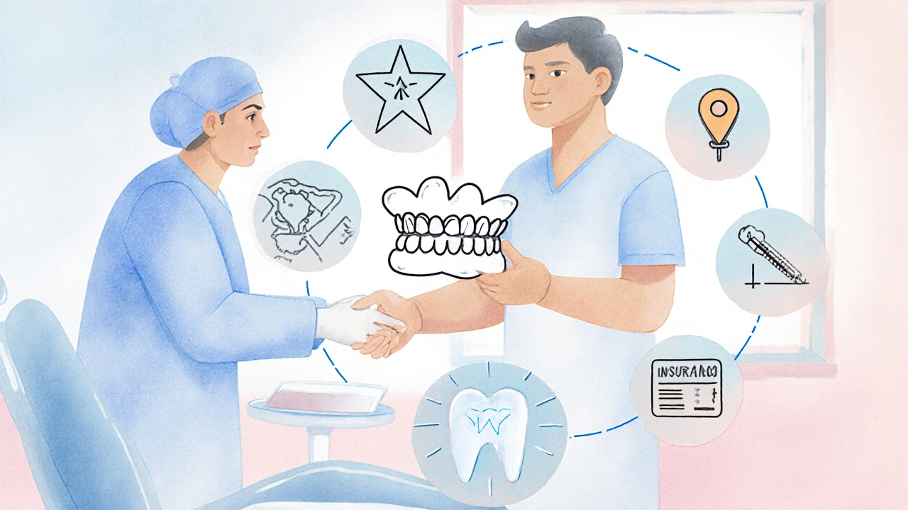 Digitální ilustrace technika laboratoře a zubaře předávajících zirkonovou korunku, obklopeni ikonami nákladových faktorů.