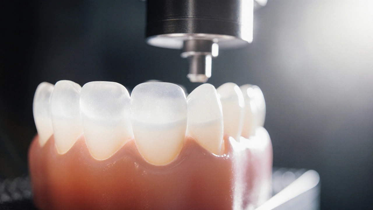 Makro záběr na průhlednou zirkonovou korunku na modelu zubu s viditelným CNC frézovacím strojem.