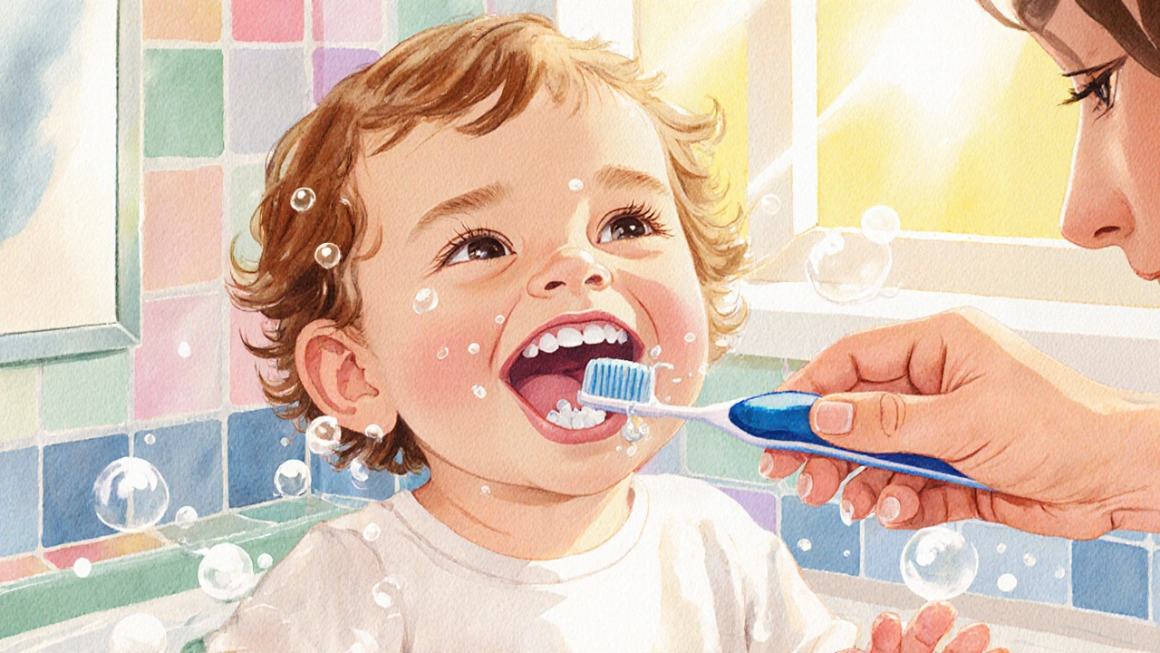 Matka čistí dětské zuby měkkým kartáčkem v koupelně.