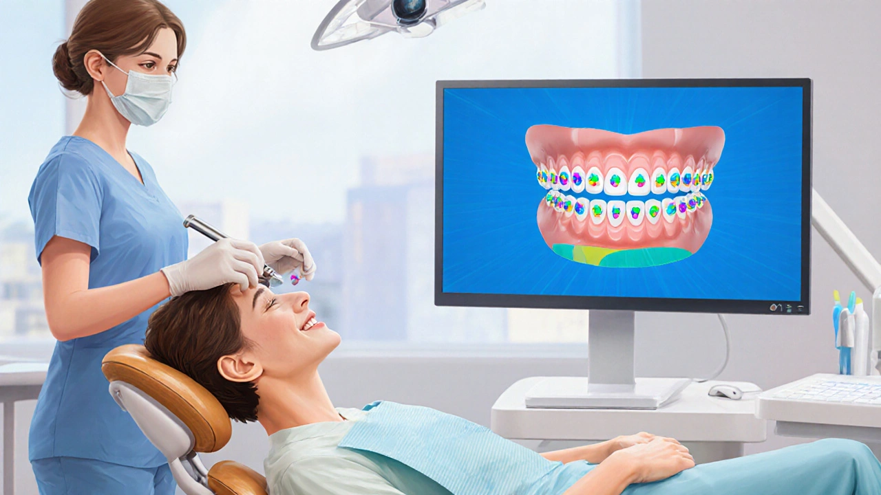 Ortodontista nasazuje keramické rovnátka na model zubů v moderní ordinaci.