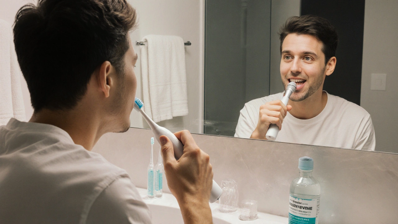 Osoba čistící zuby elektrickým štětečkem s doplňky pro ústní hygienu