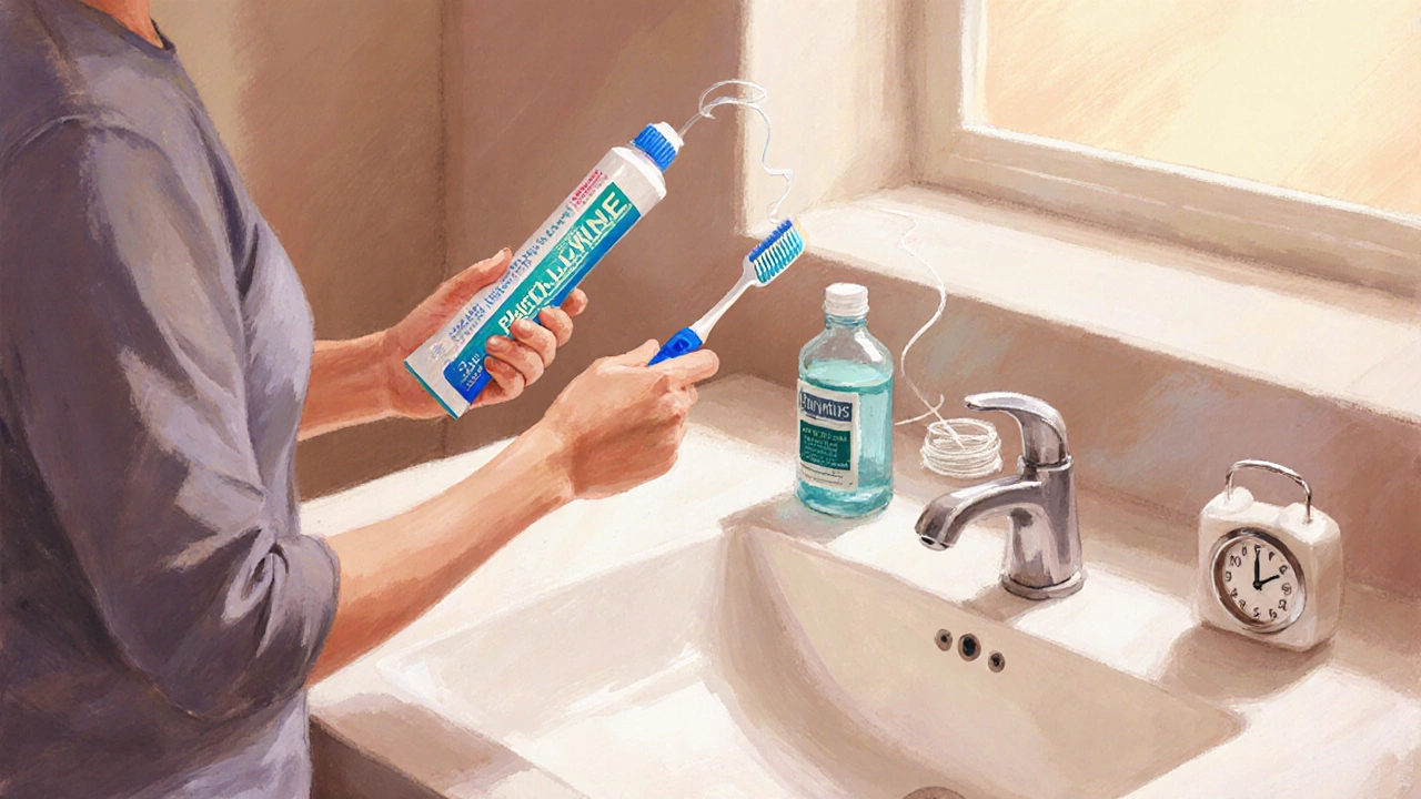 Osoba si čistí zuby kartáčkem, mezizubním kartáčkem a fluoridovou pastou v koupelně.