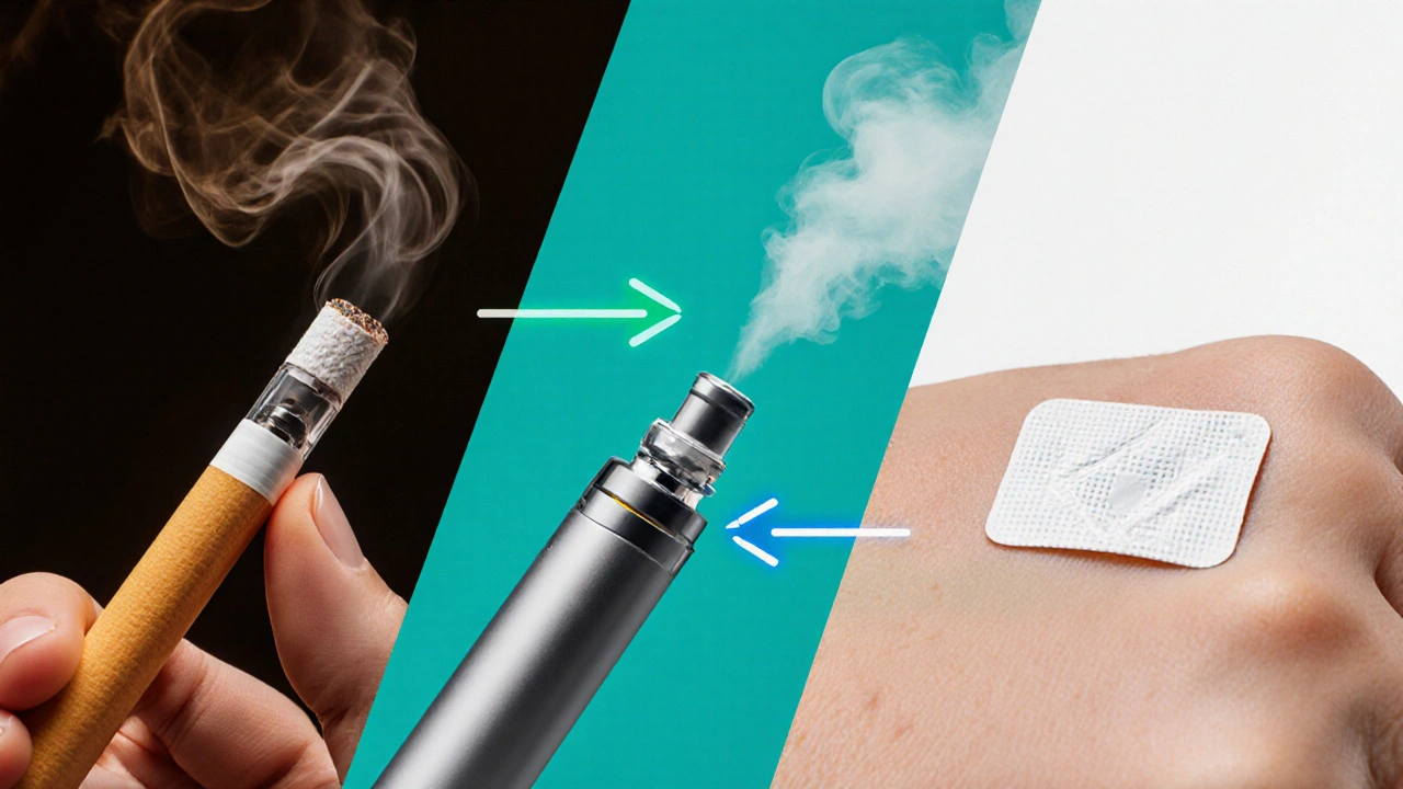 Porovnání cigarety, e‑cigarety a nikotinové náplasti.