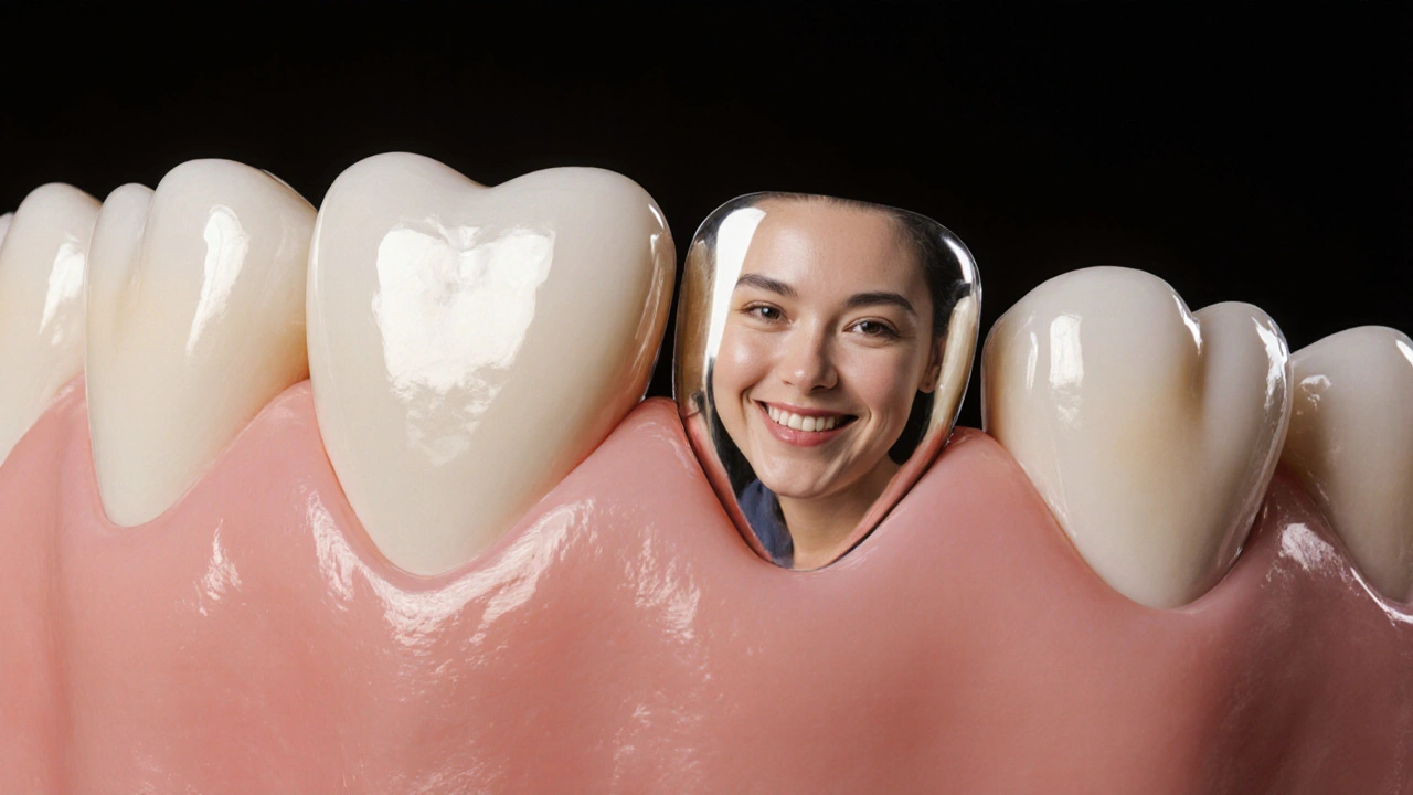 Průřez zubním můstkem s korunkami a pontikem, symbolizující obnovu úsměvu.