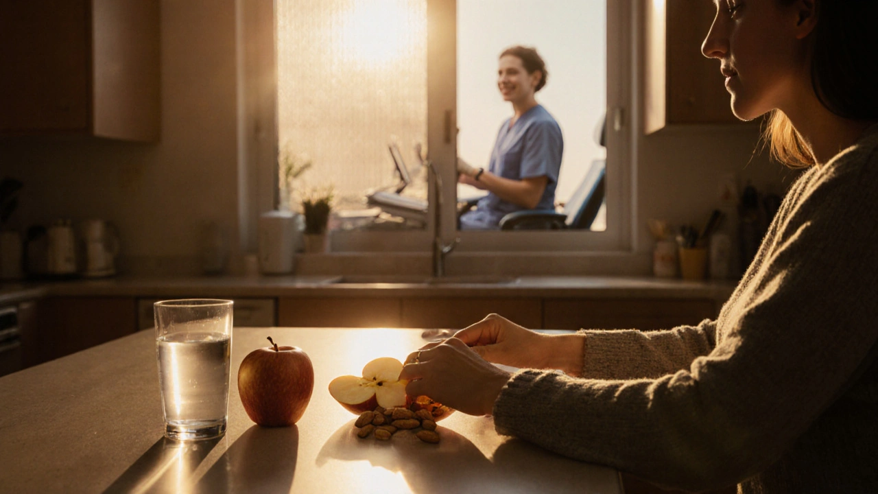 Scéna zdravého životního stylu s výběrem nízkosacharidových potravin, vodou a návštěvou zubaře.