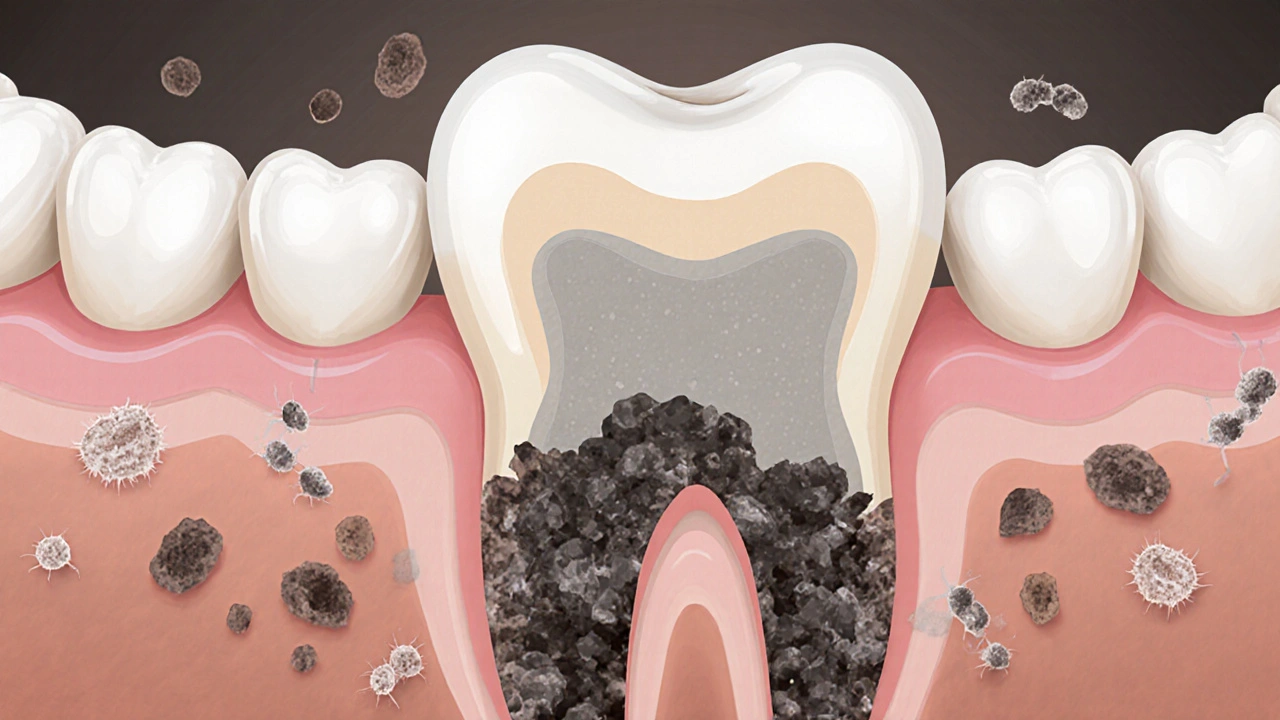 Skrytý zubní kámen pod dásní s bakteriemi a minerály