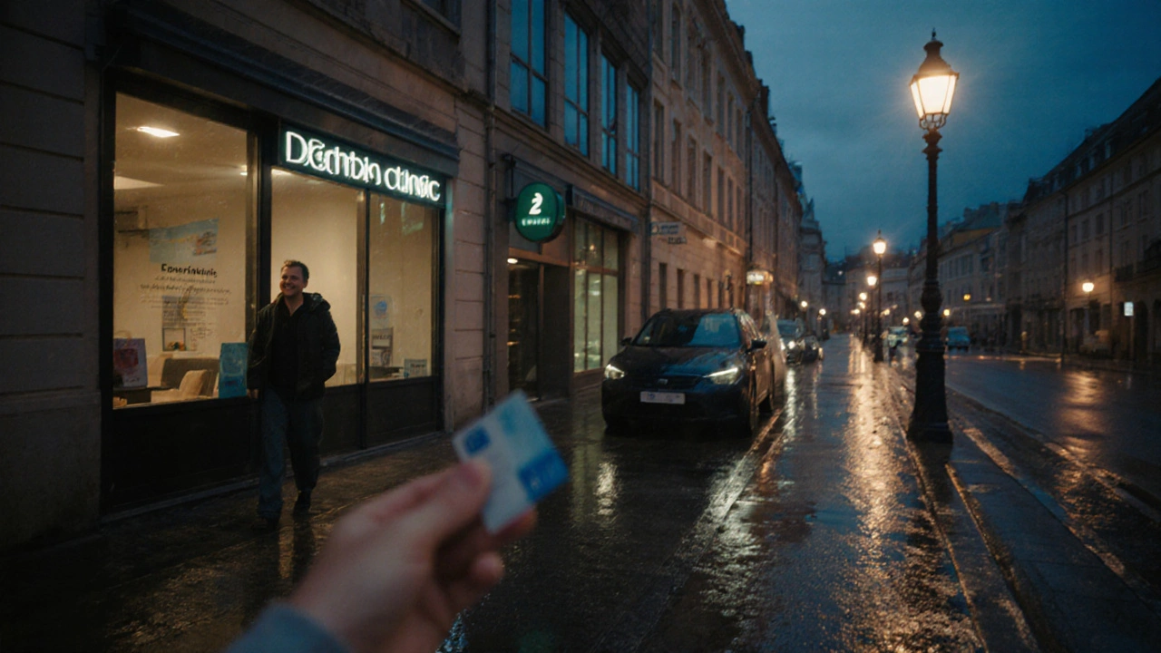 Spokojený pacient opouští zubní pohotovost v noci, město a auto v pozadí.