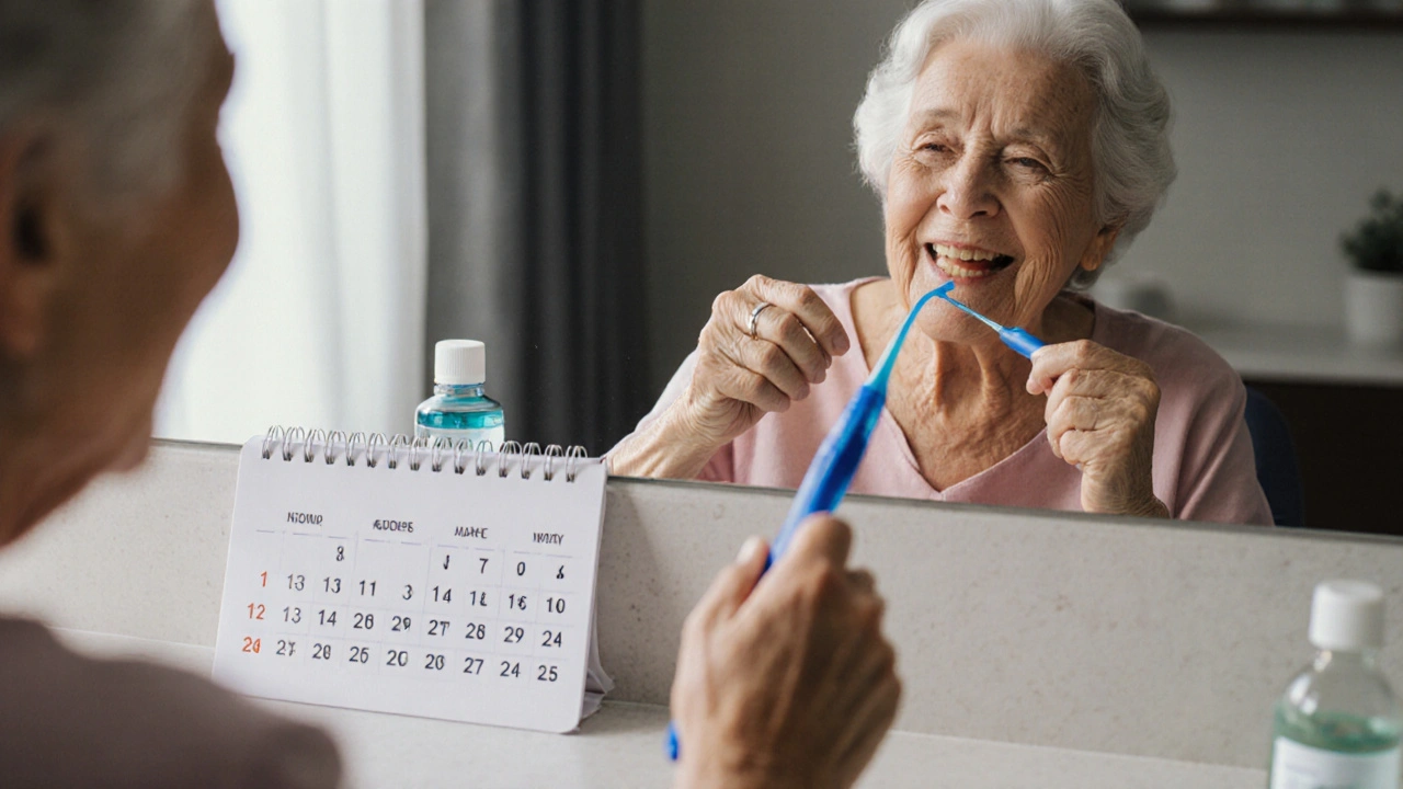 Starší žena čistí můstek mezizubní kartáčkem s péčí a klidem.