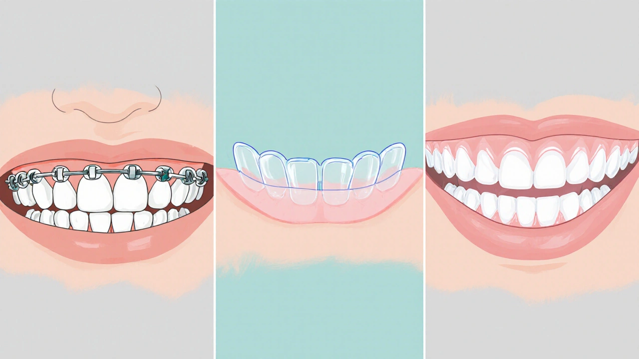 Tri panelová ilustrace: tradiční kovová rovnáta, průhledná odnímatelná dlahy a Invisalign.