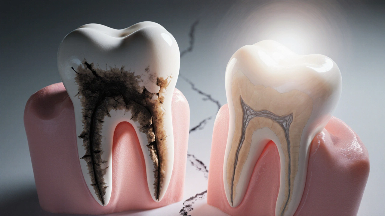 Two paths from a tooth — one leading to bone loss and tooth loss, the other to healthy gums and preservation.