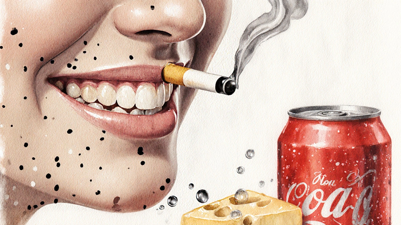Vodovágná malba ukazující stoličky s tmavými skvrnami, kouř cigarety a sladkou limonádu.