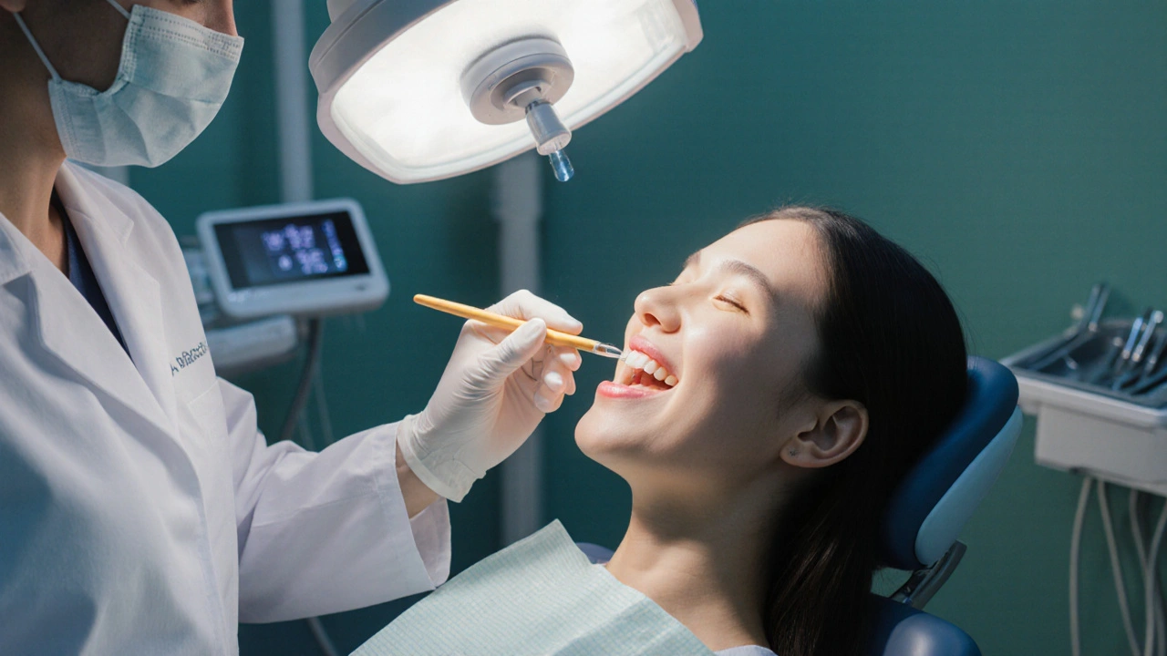 Zubař aplikující fluoridový gel na pacienta v moderním ošetřovacím křesle.