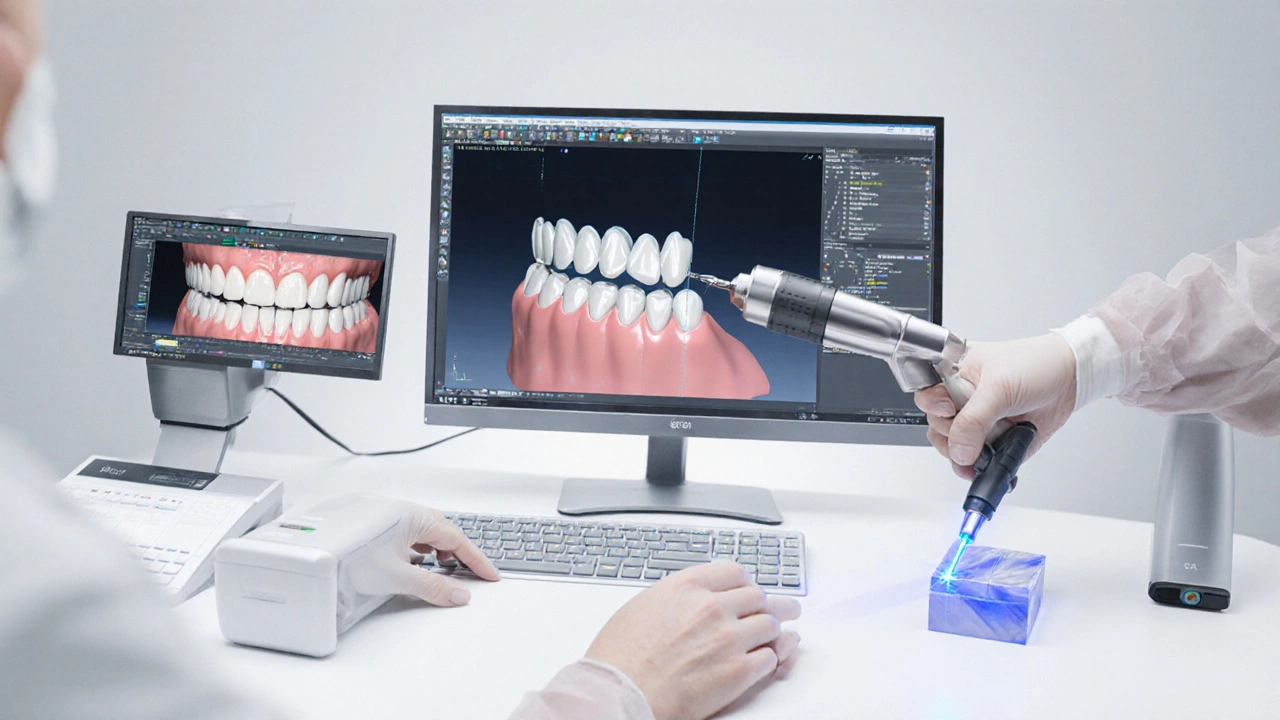 Zubní laboratoř: digitální sken, CAD/CAM řezání a laserová příprava fazet.