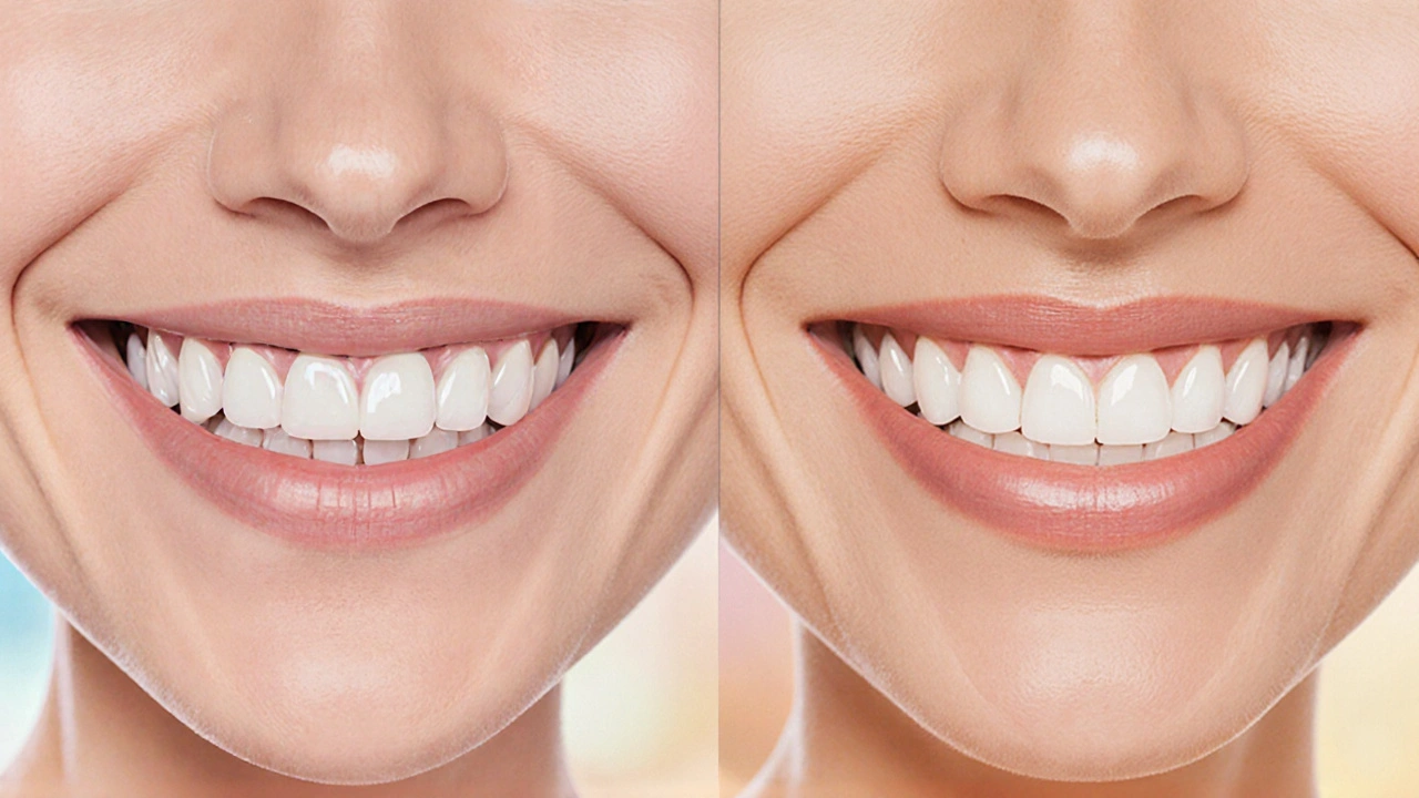 Before and after view of a smile with natural teeth transitioning to composite veneers.