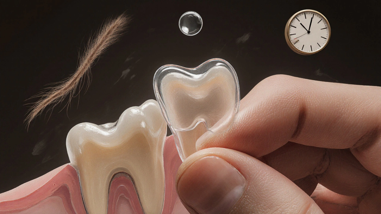 Close-up of a ceramic veneer next to a tooth cross-section with scale elements.