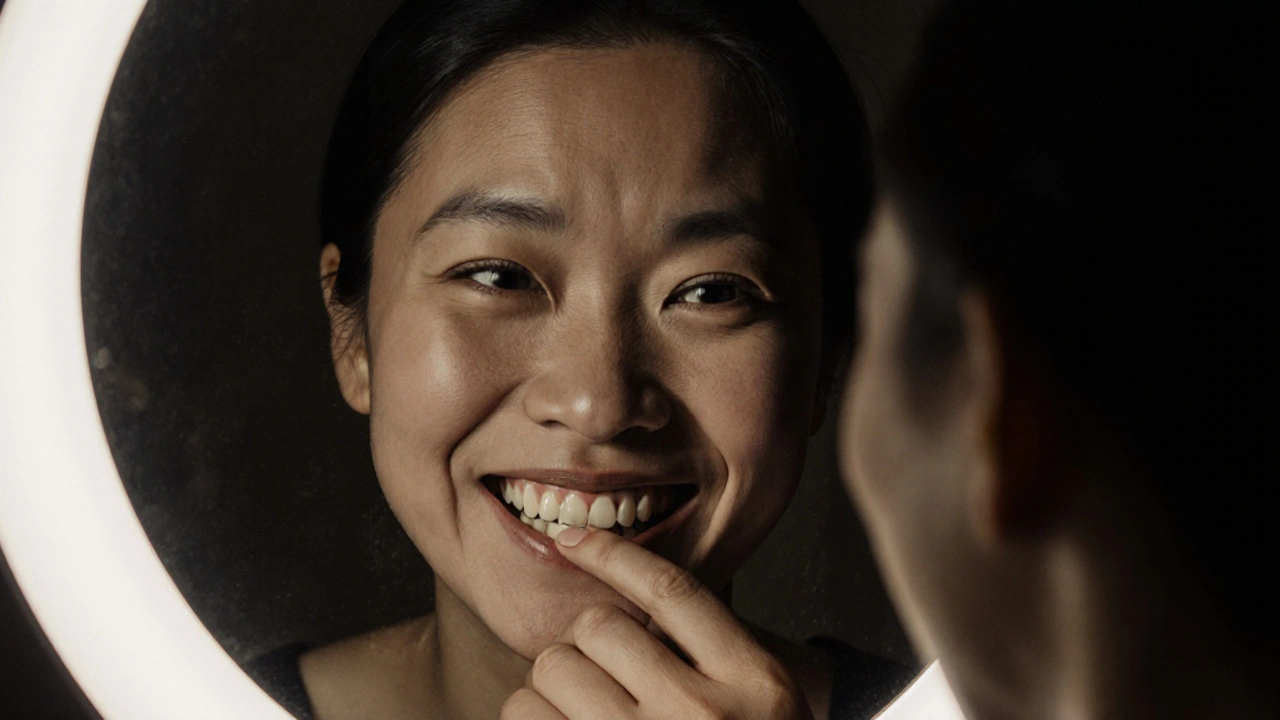 Člověk se opatrně usmívá do zrcadla, skryje ústa rukou.