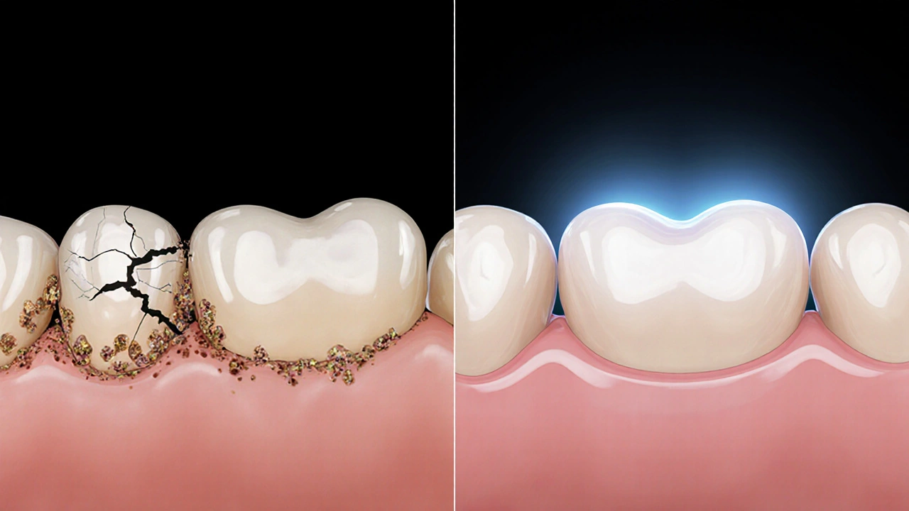 Contrasting dental fillings: one cracked and decaying, the other seamless and durable.