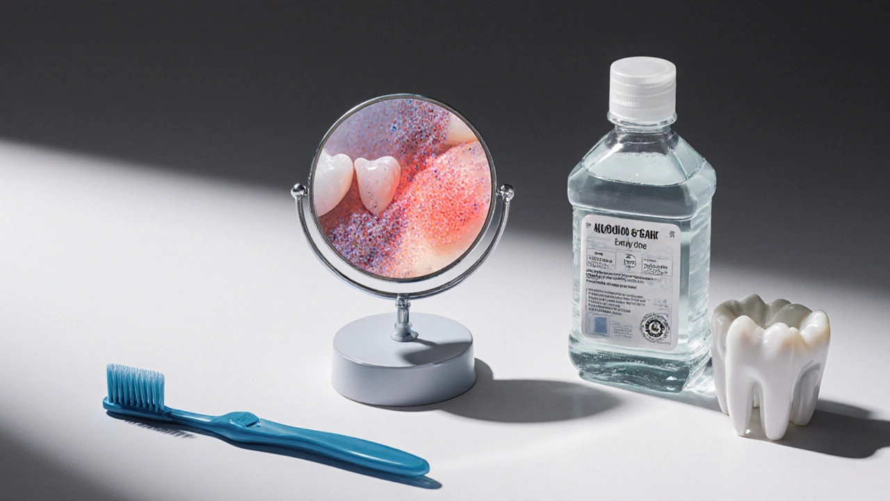 Dentální zrcátko spolu s jinými pomůckami pro péči o implantáty.