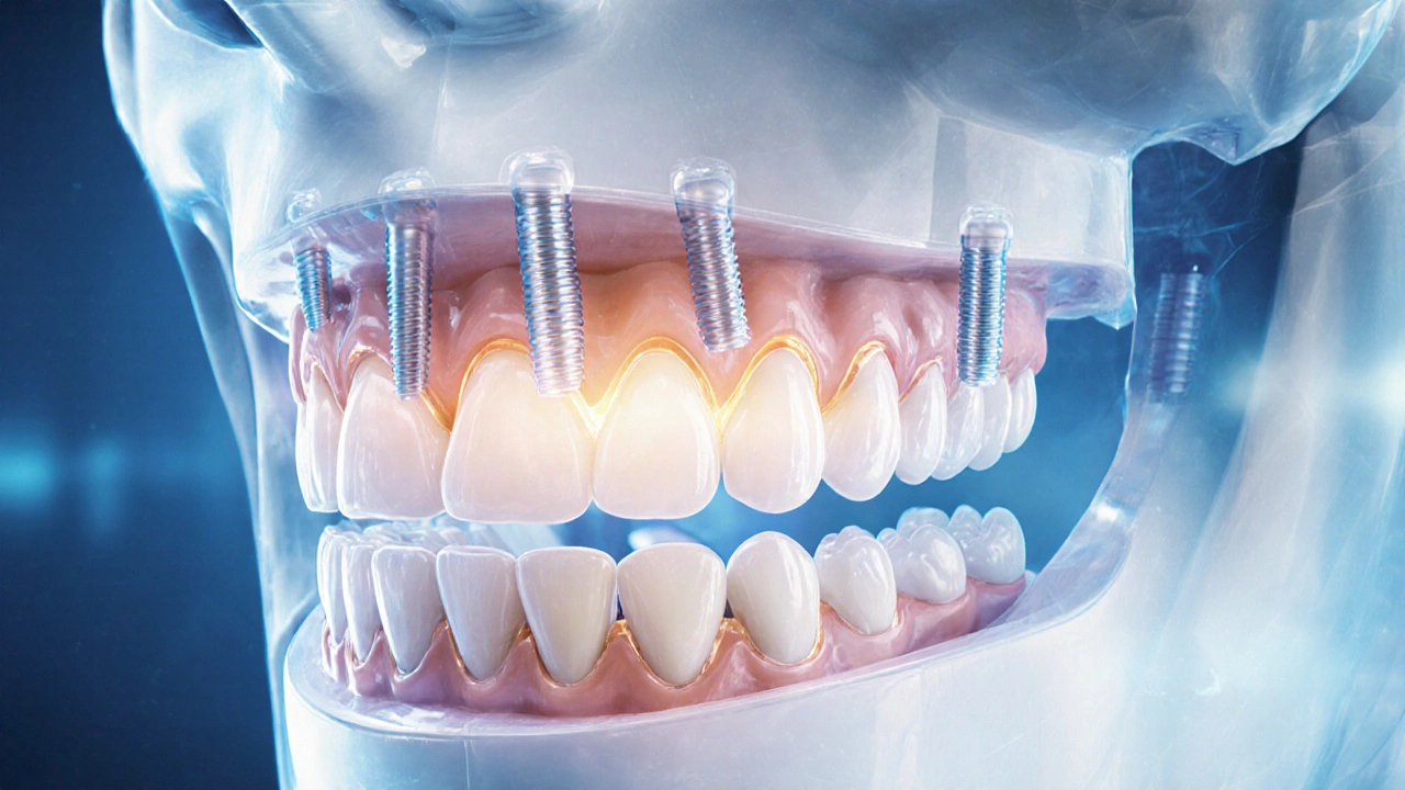 Digitální 3D rekonstrukce čelisti s implantáty a korunkami před a po léčbě.