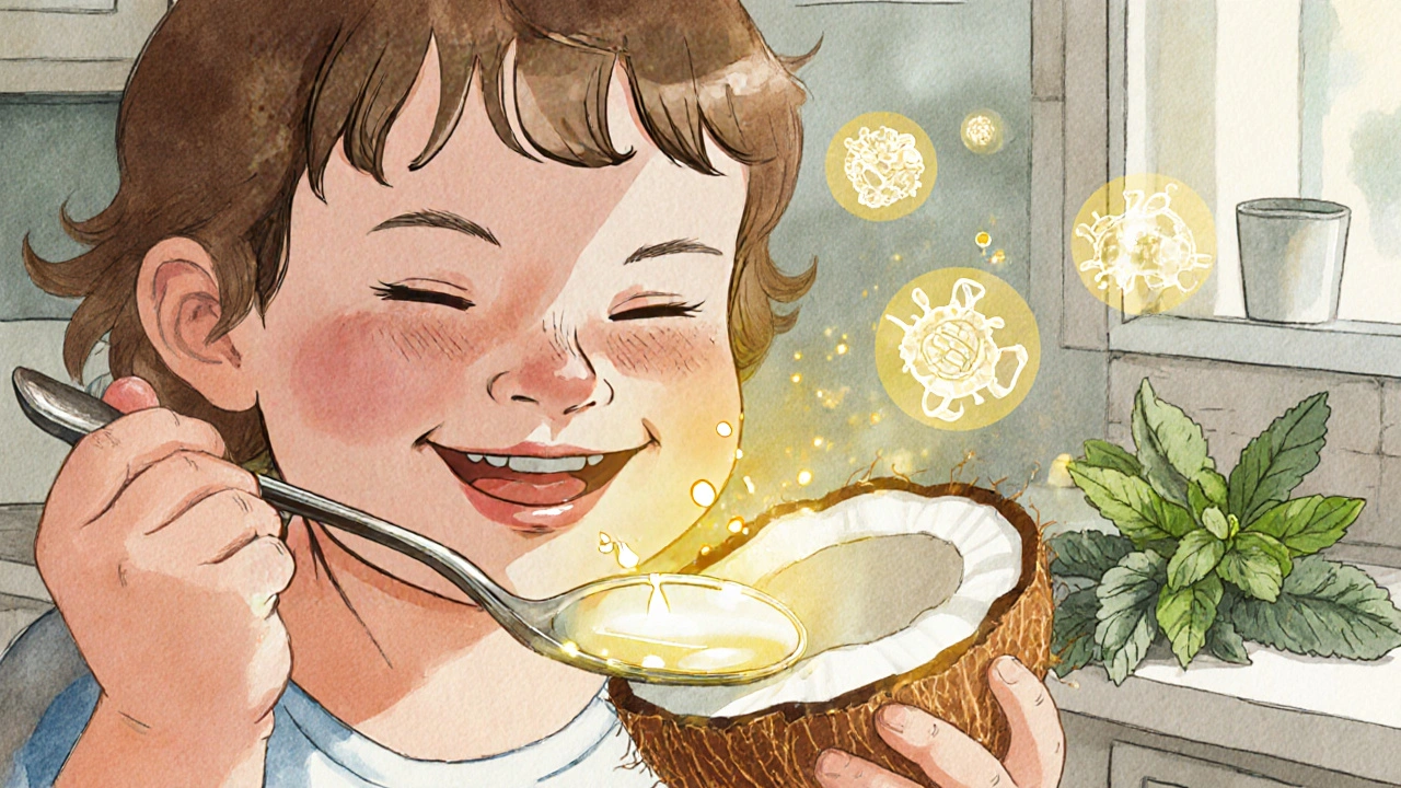 Dítě polává kokosový olej, klidná kuchyně s bylinkami, zlatý lesk.