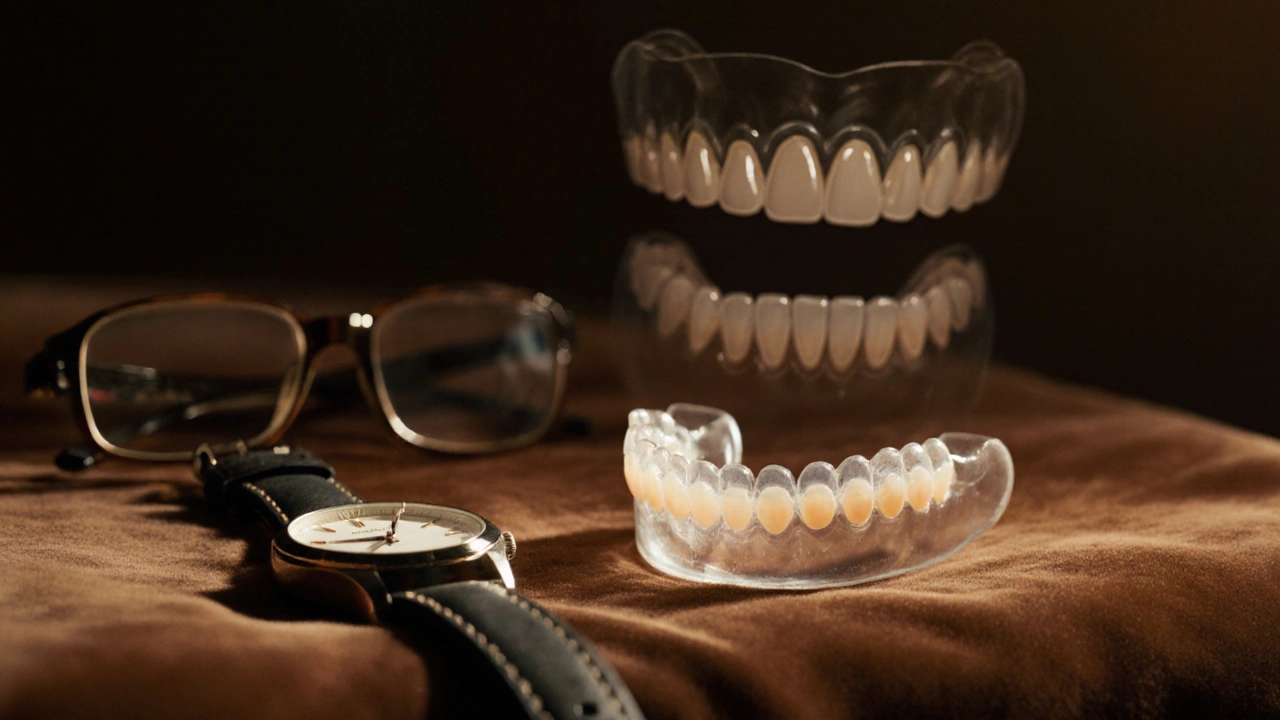 Držák pro rovnátka na hedvábné tkanině s vize původního špatného uspořádání zubů.