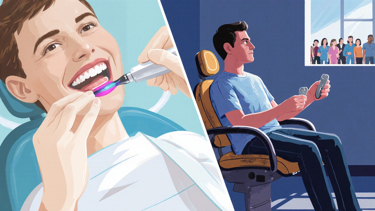 Dvě zubní kliniky: soukromá s estetickým plněním a státní s běžným plněním a čekající pacient.