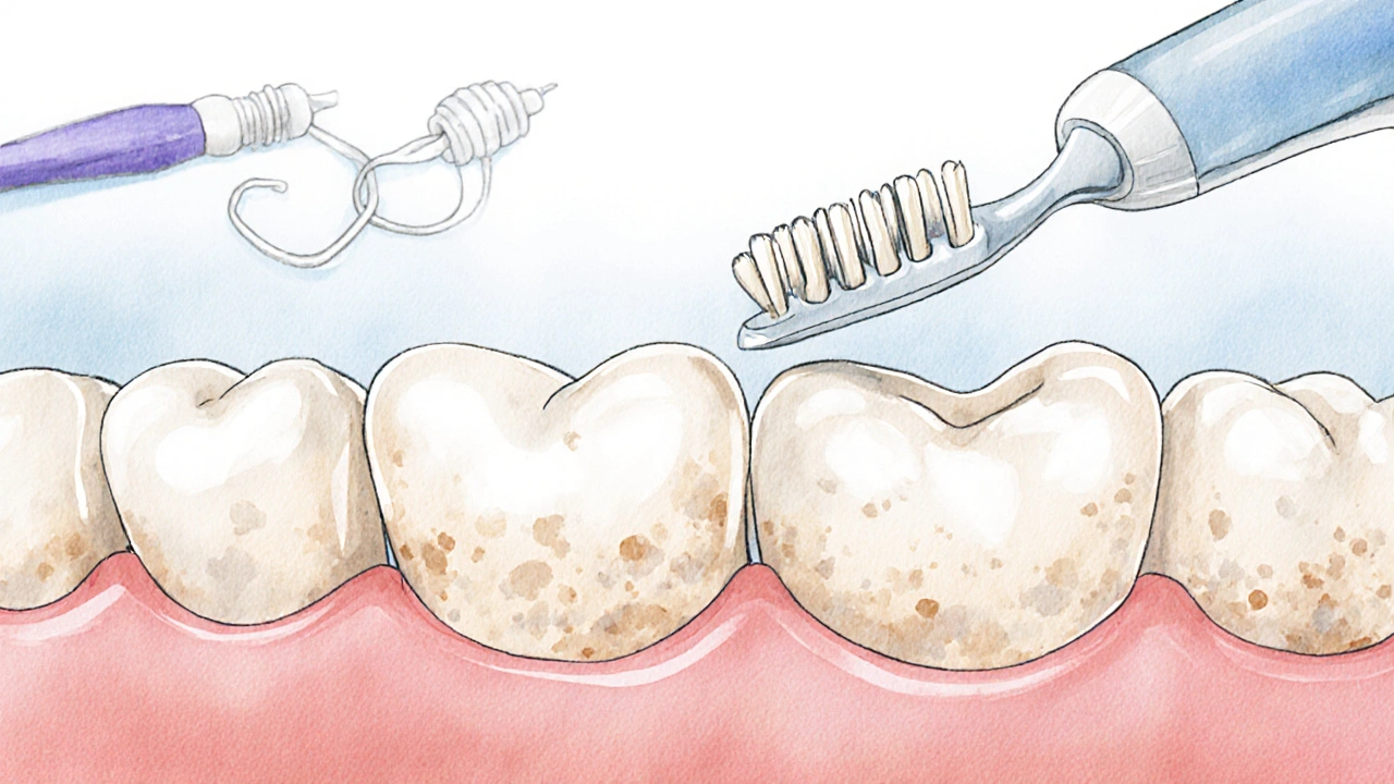 Interdentalní kartáček odstraňuje plak mezi zuby.