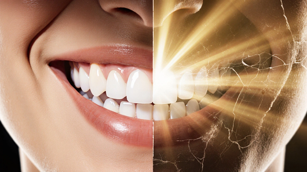 Konceptuální obraz přeměny úsměvu od poškozených zubů k dokonalým fazetám.