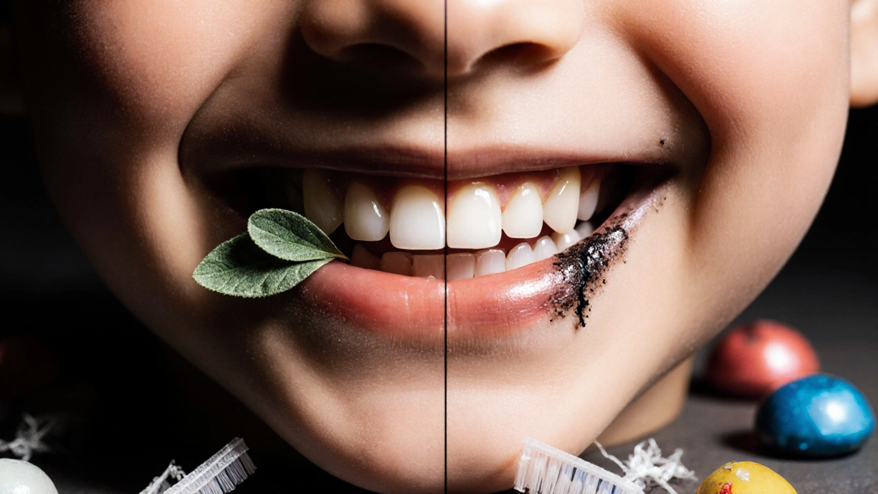 Kontrast zdravého a zubního kamene v ústech dítěte, list šalvěje, symbolická scéna.