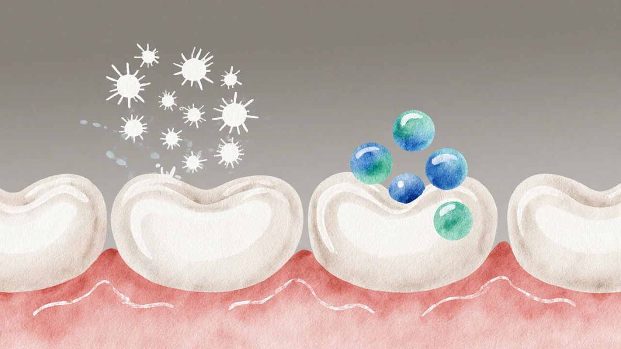 Mikroskopický pohled na bakterie a fluorid, které obnovují zubní sklovinku.