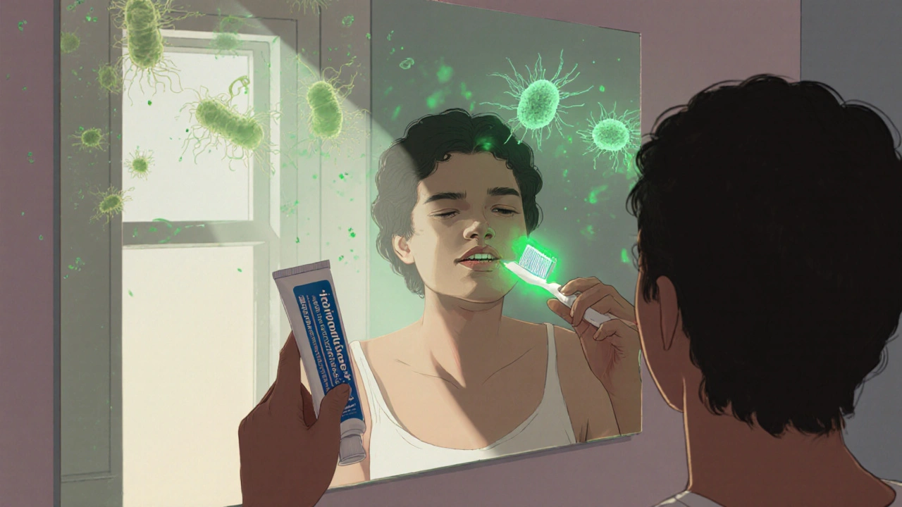 Osoba čistí zuby pastou s vysokým obsahem fluoru, symbolizující obnovu skloviny.