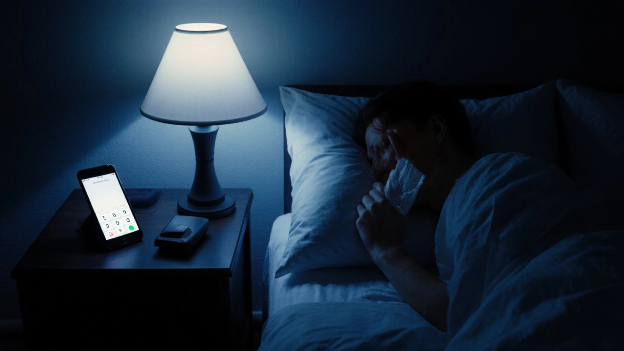 Osoba se probudila v noci s krví na polštáři, drží čistou gázu na tváři.