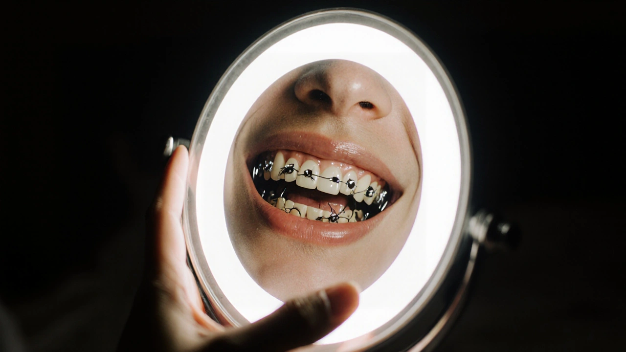 Osvětlené dentální zrcátko osvětluje zubní rovnátka v tmavé místnosti.