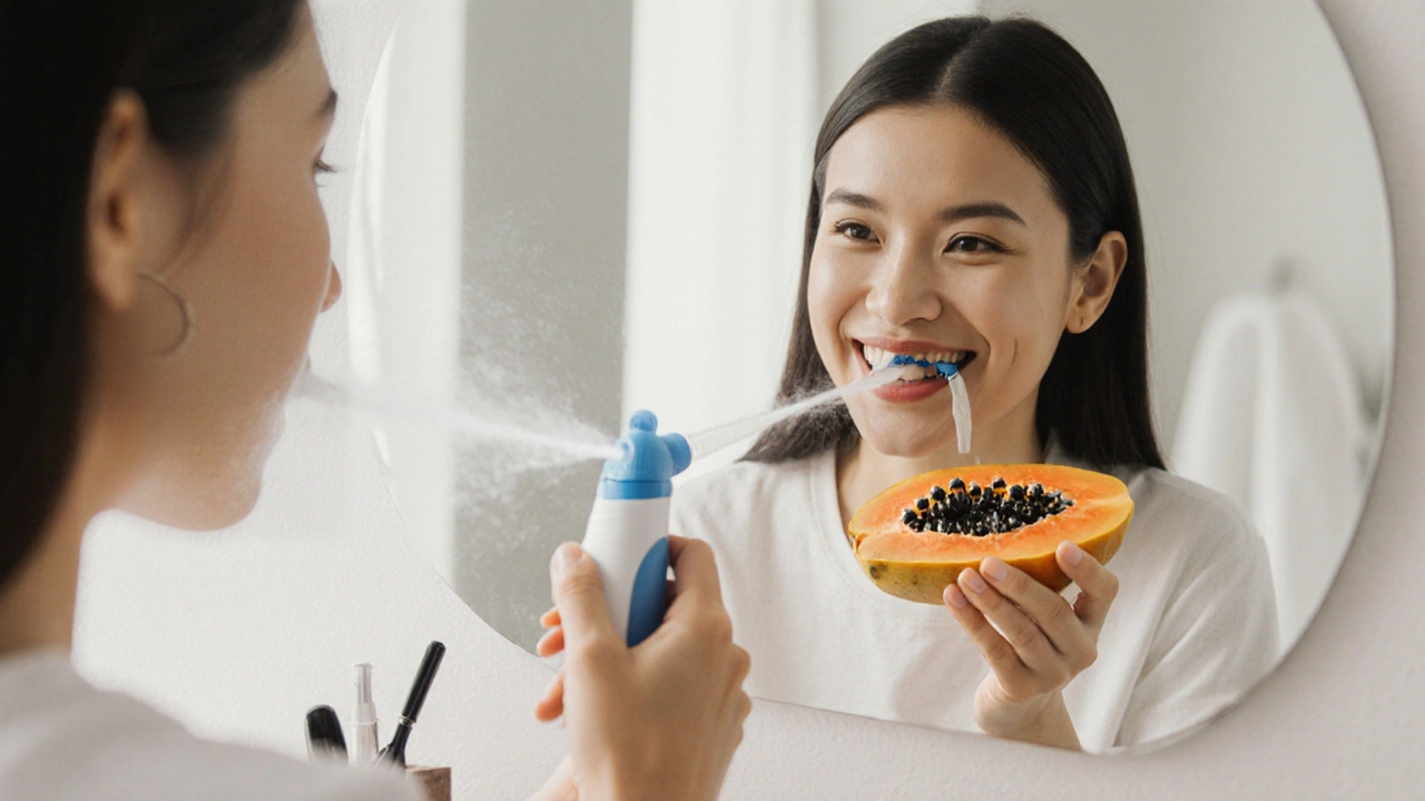 Pacient používá vodní proud k vyčištění rovnátek po jídle.