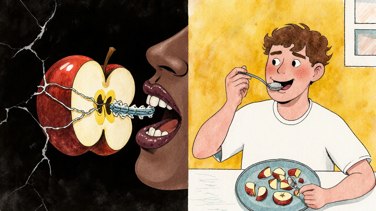 Porovnání nebezpečného a bezpečného způsobu jíst jablko s rovnátky.