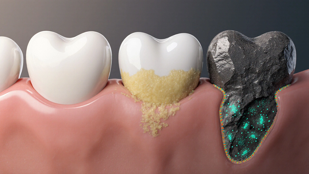 Postupné tvorba zubního kamene z plaku na zubech a pod dásněmi.
