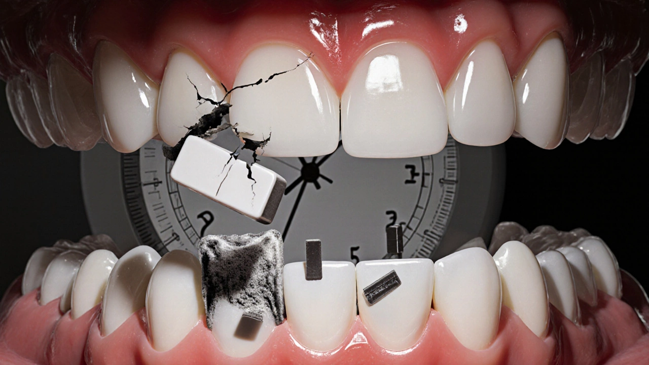 Praskající fazeta pod níž se skrývá kávová plak a posun zubu, symbolizující dlouhodobé následky nevhodného léčení.