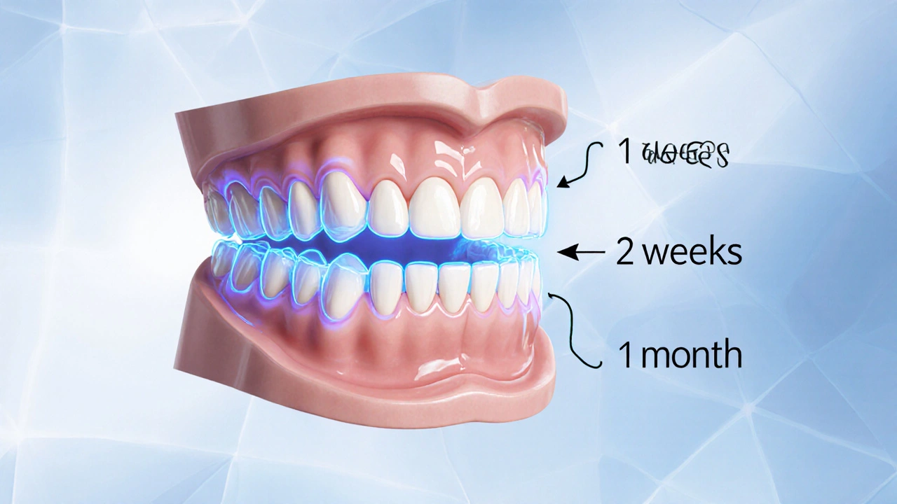 Přehled vnitřní stavby čelisti s postupným posouváním zubů v čase.