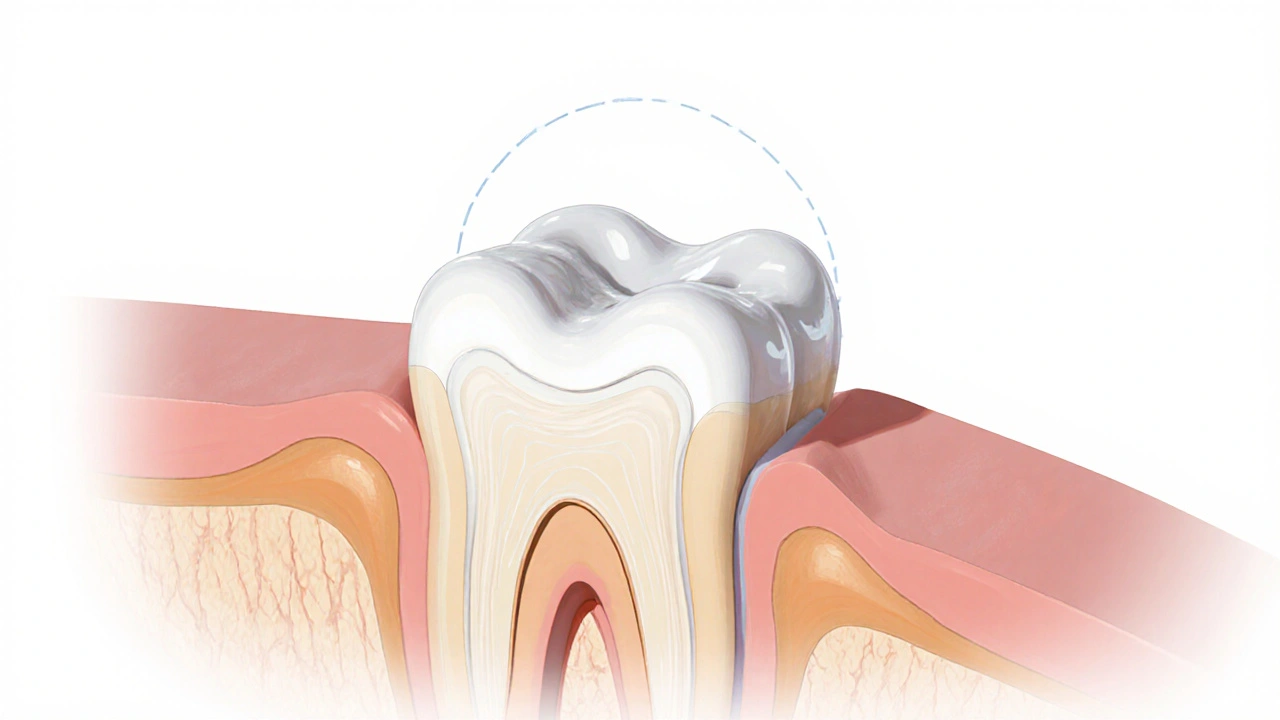 Příčný řez zubu ukazující rozdíl mezi inlay a onlay v obnově poškozené části.
