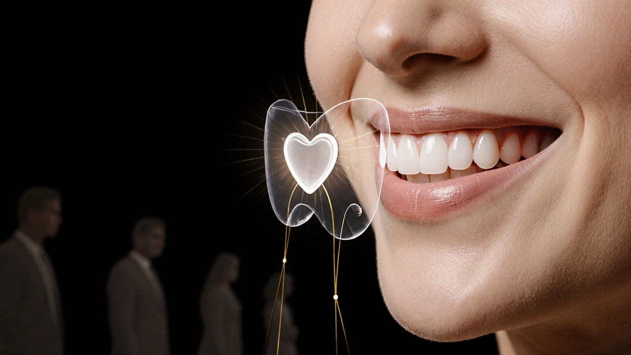 Průhledná fólie s zuby nad čelistí, světlo prochází a vytváří zářivý úsměv.