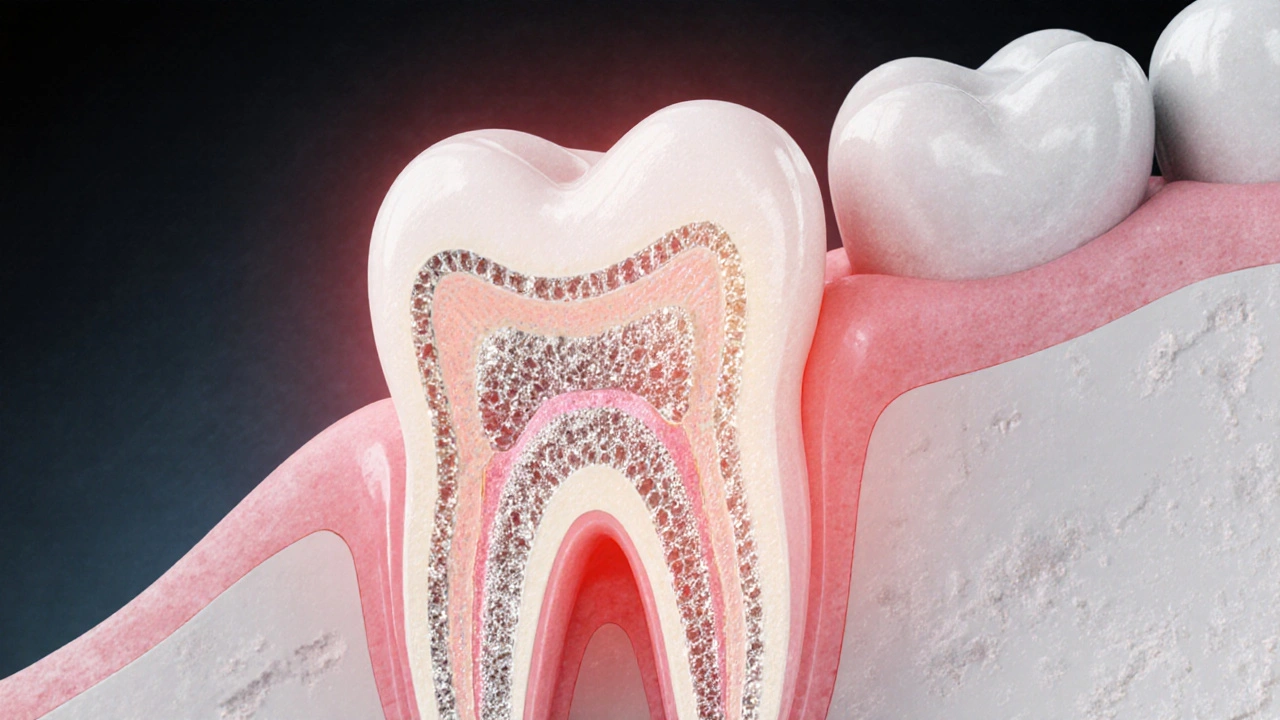 Průřez zubu s uzavřenými dentinálními kanálky pomocí hydroxyapatitu a fluoru.