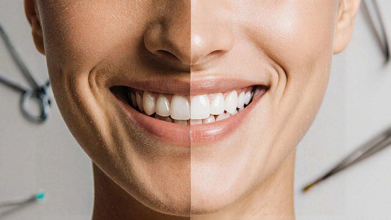 Rozdíl mezi kompozitními a keramickými fazetami v úsměvu – jedna strana ztmavlá, druhá jasná.