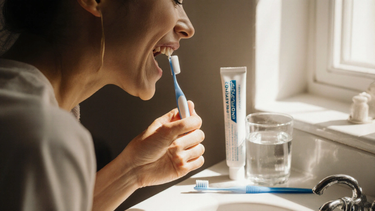 Ruka s mezizubním kartáčkem čistící mezery mezi zuby.