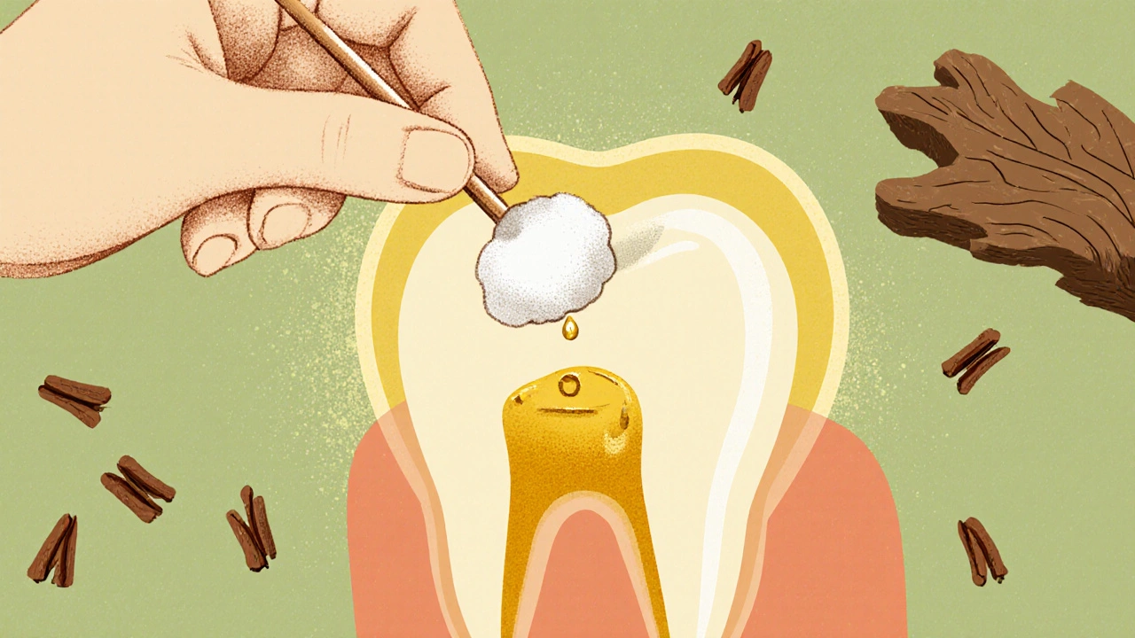 Ruka s vatovým tamponem namočeným v oleji z imbolíku přiložený k zubu.