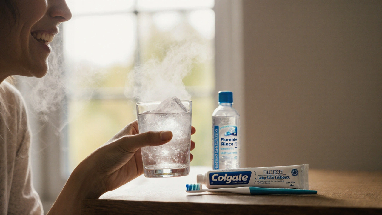Sklenice ledového nápoje vedle zubní pasty a pláchnutí, symbolizující zklidnění citlivosti.