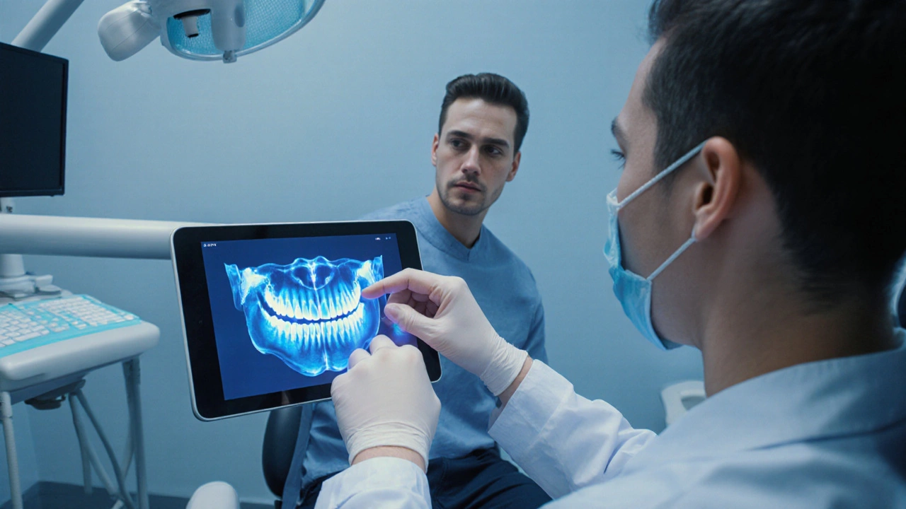 Stomatolog analyzuje 3D sken čelisti, aby určil, zda jsou fazety vhodné pro pacienta s křivými zuby.